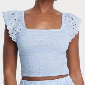Eyelet Flutter Short Sleeve Blouse - Size L - Universal Thread Blue -New W/ Tags